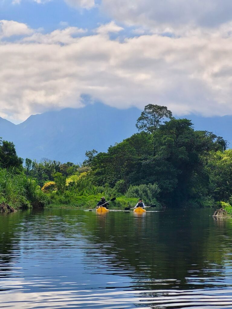 Caiaque no Rio do Nunes Diego Franzoi e Pamela Schramm cada um em um caiaque amarelo, no Rio do Nunes